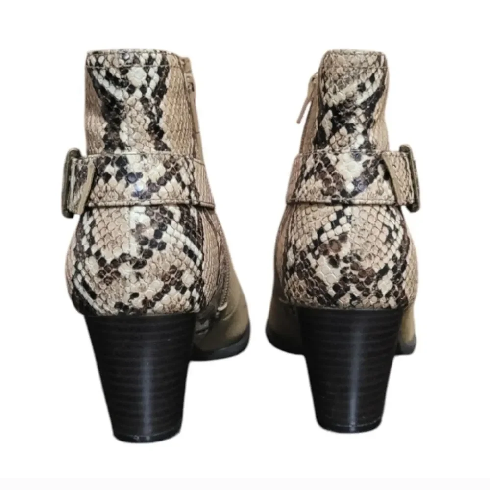 Vionic Naomi Tan Suede Snake Print Ankle Boots
